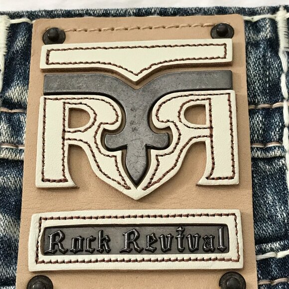 Rock Revival Suhul Straight Jeans Men 38x28 Blue Mid Rise Distressed Embroidered - Picture 14 of 16